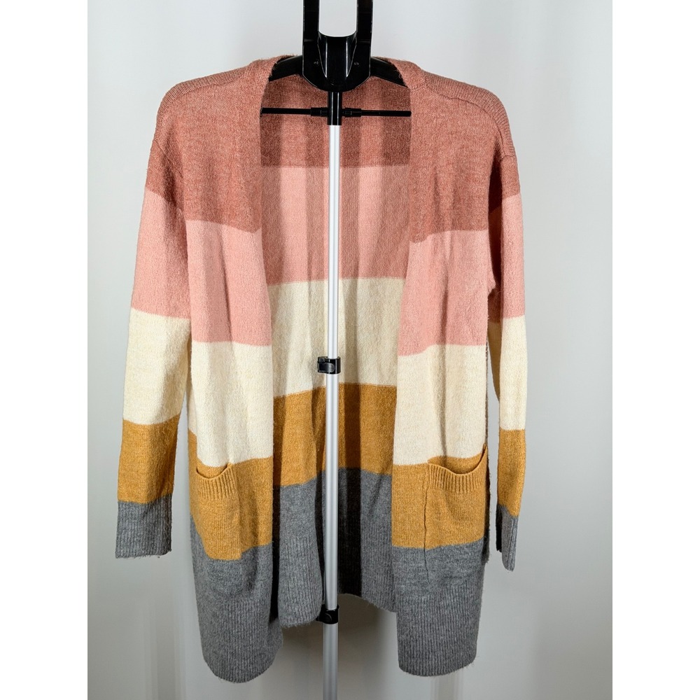 Modern Canvas Womens Striped Open Front Cardigan Sweater Pink Yellow Grey Size M